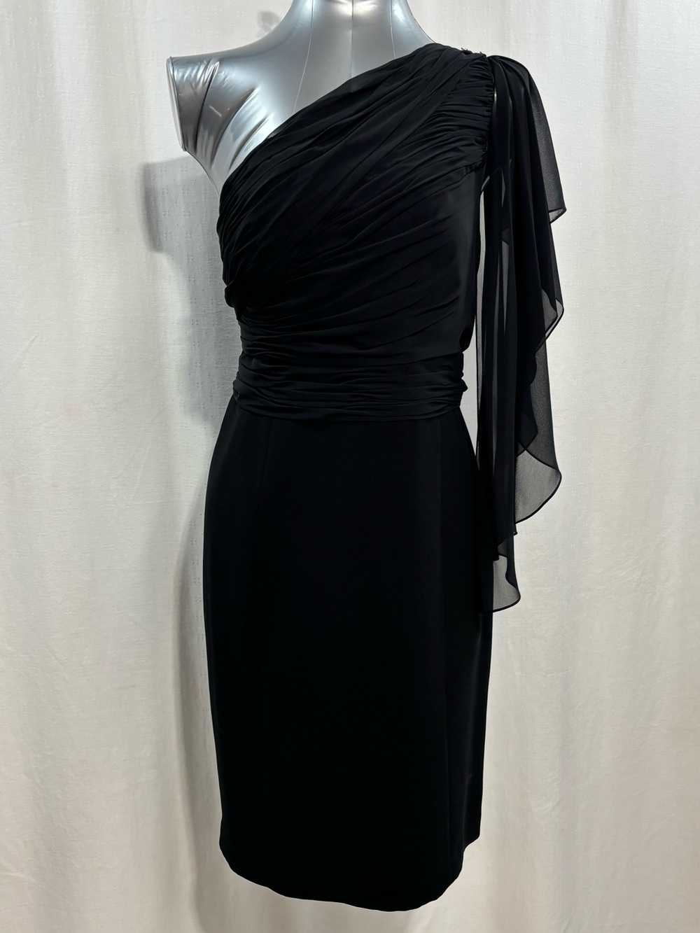 JS Collections Black One-Shoulder Rushed Draped Cocktail Dress Sz16 formal chic
